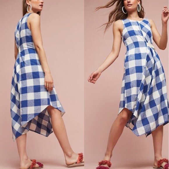 Maeve Anthropologie Cotton and Linen Asymmetrical Belted Gingham Midi Dress - Picture 1 of 15